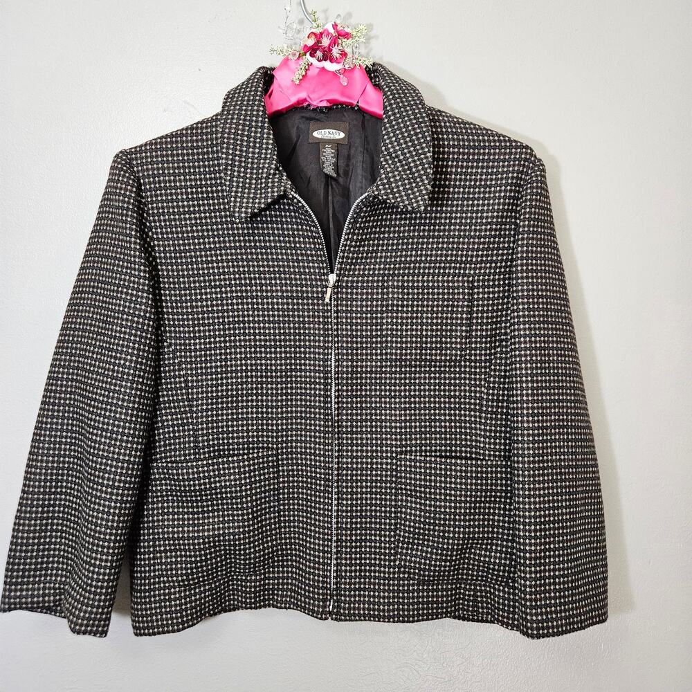 Vintage 90s Old Navy Italian Wool Blend Zip Front Jacket Tweed XL DarkAcademia